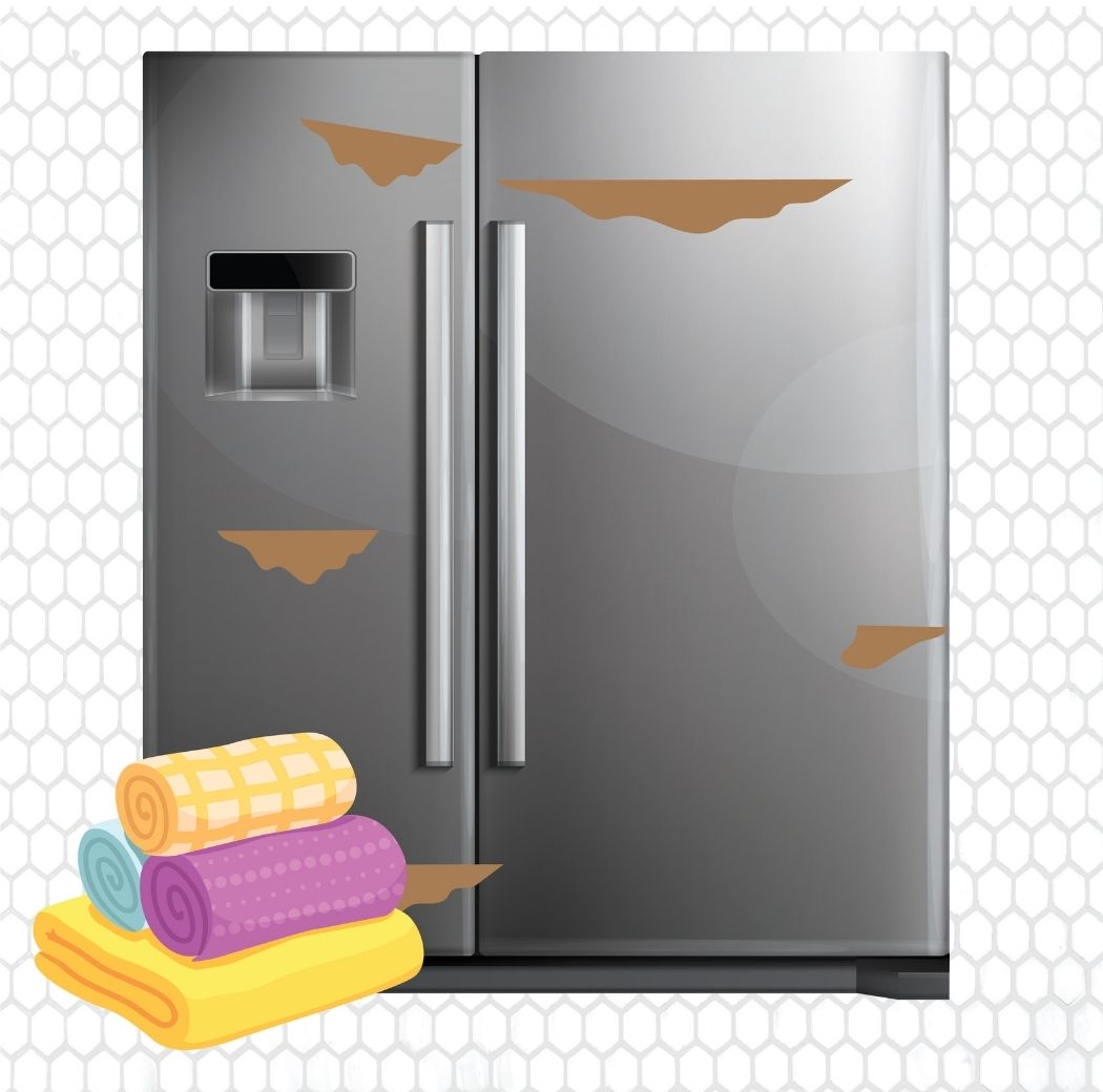 DISH SOAP AND BAKING SODA. Apply this mixture on your neat microfiber cloth or a very clean, soft towel and rub it on the stain on your stainless steel refrigerator